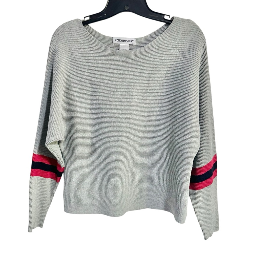 Cotton Emporium Gray Ribbed Knit Stripe Dolman Sleeve Varsity Sweater Size Small